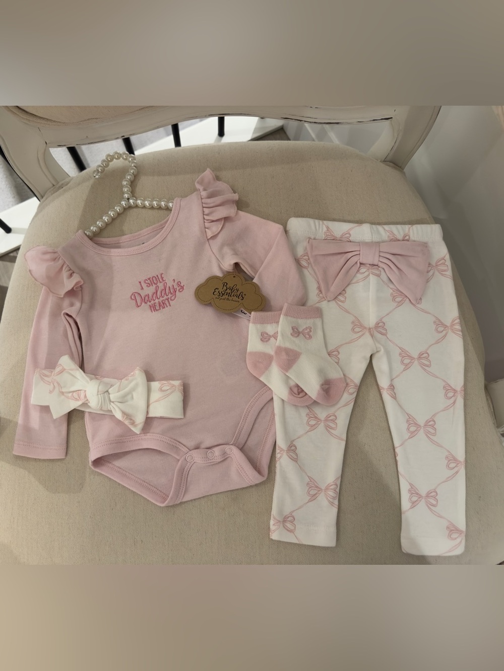 🎀 9 Mth Baby Girl Pink Bow Bodysuit, Hair Bow, Socks & Bow Leggings 4 Piece Set